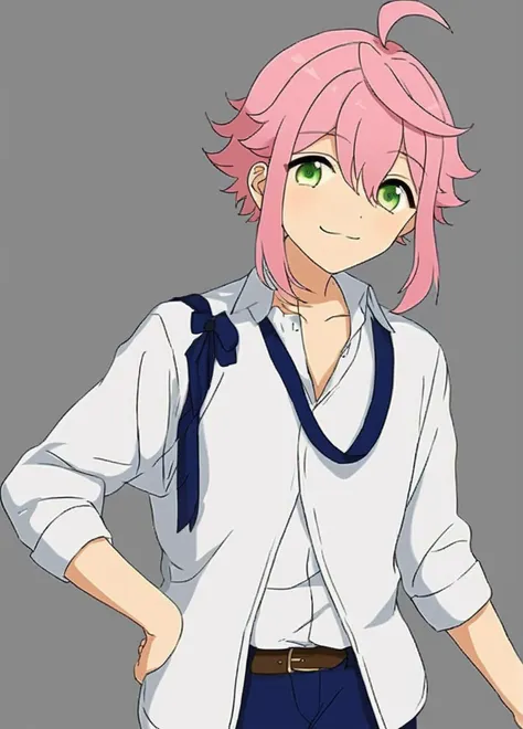 A boy Tori Himemiya has pink short hair with hair between his eyes long sidelocks a curved ahoge and big green eyes is standing. He is wearing a white shirt with blue trousers. He has a smile <lora:3torihimemiya-08:0.7>