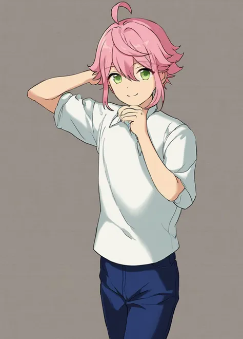 A boy Tori Himemiya has pink short hair with hair between his eyes long sidelocks a curved ahoge and big green eyes is standing. He is wearing a white shirt with blue trousers. He has a smile <lora:3torihimemiya-08:0.7>