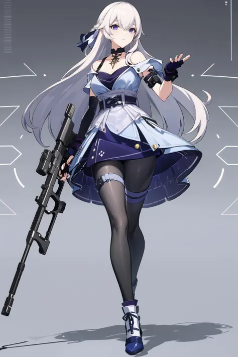 masterpiece, best quality, <lora:xinghui:0.8>,
1girl, weapon, gun, solo, purple eyes, holding, long hair, holding weapon, holding gun, dress, rifle, pantyhose, gloves, assault rifle, fingerless gloves, breasts, blue dress, black pantyhose, full body, white hair,