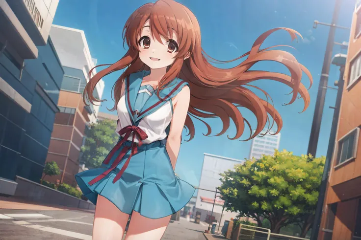 asahina mikuru, <lora:AsahinaMikuru_V1.0-000003:0.9>, 1girl, outdoors, city, arms behind back, light smile,