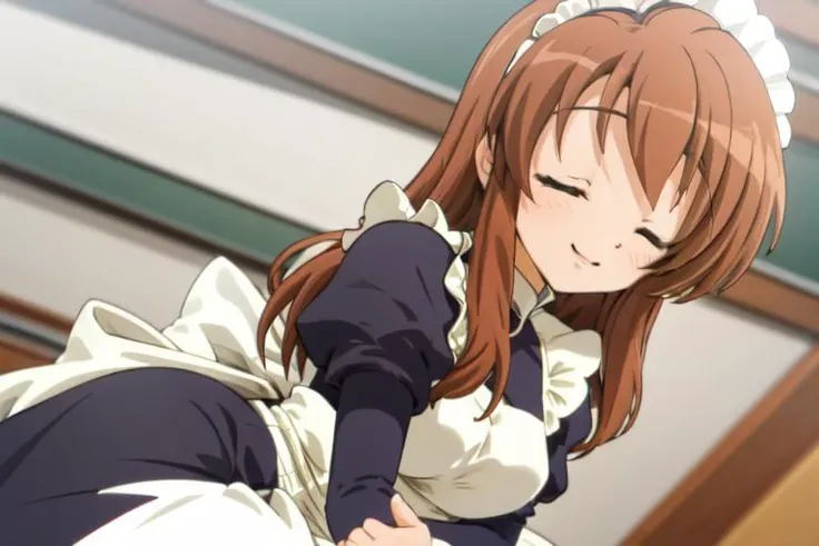 asahina mikuru, <lora:AsahinaMikuru_V1.0-000003:0.9>, maid, maid headdress, closed eyes, smile, 1girl, classroom,