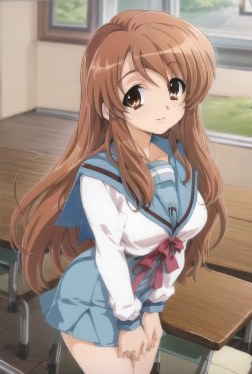 asahina mikuru, school uniform, classroom, <lora:AsahinaMikuru_V1.0-000003:1>, light smile, realistic