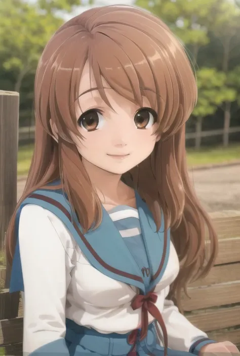 asahina mikuru, school uniform, outdoors, <lora:AsahinaMikuru_V1.0-000003:1>, light smile, (realistic:1.3)