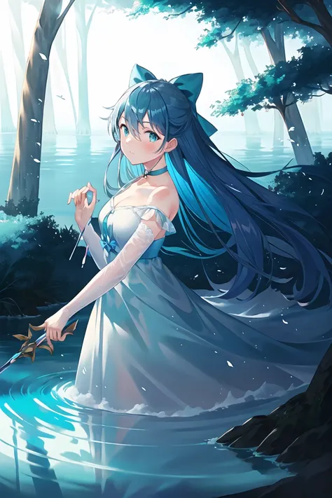 criin, 1girl, blue hair, seafoam green eyes, choker, criin, fantasy, fog, forest, hair between eyes, hair bow, highres, lake, looking at viewer, official art, mana, magic, outdoors, revision, intricate white spear, girl standing in the middle of a foggy lake, intricate white dress with blue cloth,
((masterpiece)), <lora:criinStyleLora_offset:1> <lora:glassHairWIPRead_v1:0.65>