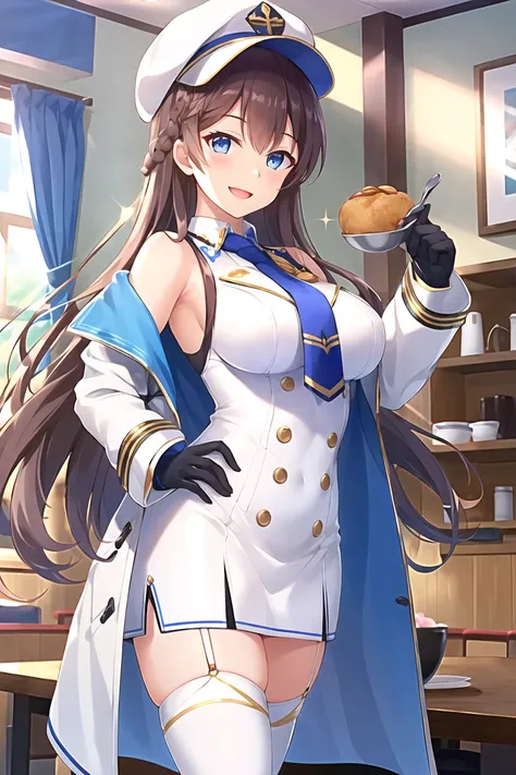 criin, 1girl, arm warmers, bare shoulders, black thighhighs, blue eyes, bowl, braid, breasts, brown hair, buttons, coat, criin, day, dress, flower, food, girl cafe gun, gloves, gold trim, grainne draser \(girl cafe gun\), highres, holding, indoors, jacket, jacket on shoulders, large breasts, long hair, looking at viewer, necktie, official art, open mouth, short necktie, sleeveless, sleeveless dress, smile, solo, soup, sparkle, spoon, standing, sunlight, thighhighs, white coat, white dress, white gloves, white headwear, wing collar, zettai ryouiki

, ((masterpiece)),  <lora:criin_offset:1>