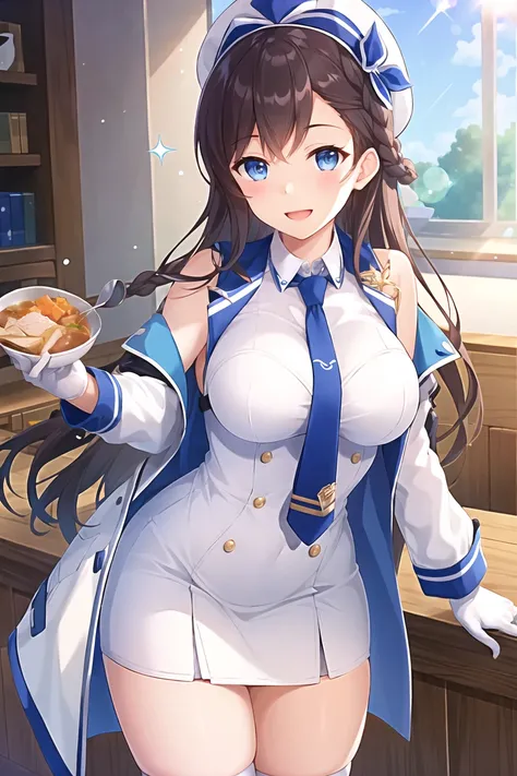 criin, 1girl, arm warmers, bare shoulders, black thighhighs, blue eyes, bowl, braid, breasts, brown hair, buttons, coat, criin, day, dress, flower, food, girl cafe gun, gloves, gold trim, grainne draser \(girl cafe gun\), highres, holding, indoors, jacket, jacket on shoulders, large breasts, long hair, looking at viewer, necktie, official art, open mouth, short necktie, sleeveless, sleeveless dress, smile, solo, soup, sparkle, spoon, standing, sunlight, thighhighs, white coat, white dress, white gloves, white headwear, wing collar, zettai ryouiki
, ((masterpiece)), <lora:criin_offset:1>
