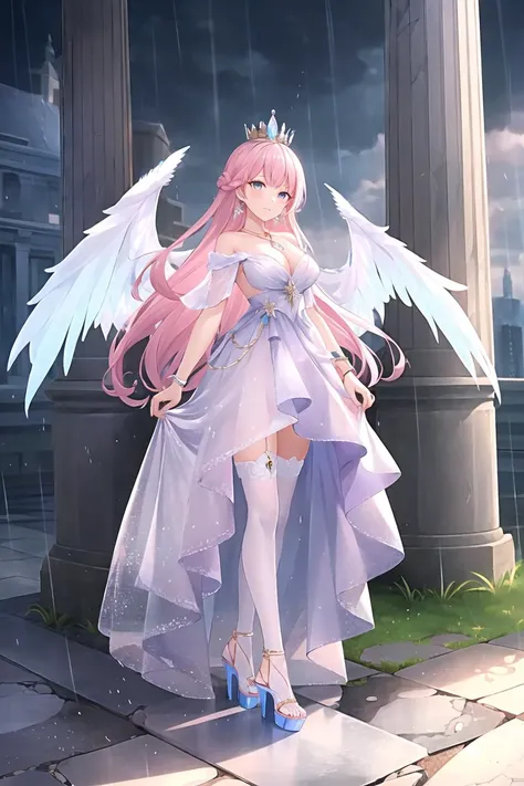 criin,
criin, 1girl, bangs, column, criin, crown, crystal earrings, crystal wings, dress, earrings, game cg, gem, high heels, highres, jewelry, krista (shining nikki), lavender dress, long hair, necklace, official art, pillar, platform footwear, platform heels, rain, ring, ruins, see-through, see-through skirt, shining nikki, skirt, solo, thighhighs, transparent wings
, ((masterpiece)), <lora:criin_offset:1>
