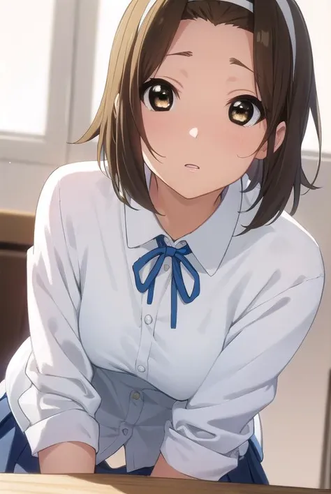 ritsutainaka, <lora:ritsu tainaka s2-lora-nochekaiser:1>,
ritsu tainaka, short hair, brown hair, (brown eyes:1.5), hairband, (forehead:1.2),
BREAK sakuragaoka high school uniform, school uniform, uniform, blazer, shirt, white shirt, collared shirt, skirt, pleated skirt,
BREAK indoors, classroom,
BREAK looking at viewer, (cowboy shot:1.5),
BREAK <lyco:GoodHands-beta2:1>, (masterpiece:1.2), best quality, high resolution, unity 8k wallpaper, (illustration:0.8), (beautiful detailed eyes:1.6), extremely detailed face, perfect lighting, extremely detailed CG, (perfect hands, perfect anatomy),