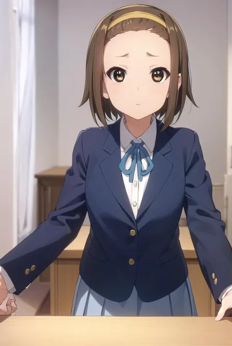 ritsutainaka, <lora:ritsu tainaka s2-lora-nochekaiser:1>,
ritsu tainaka, short hair, brown hair, (brown eyes:1.5), hairband, (forehead:1.2),
BREAK sakuragaoka high school uniform, school uniform, uniform, blazer, shirt, white shirt, collared shirt, skirt, pleated skirt,
BREAK indoors, classroom,
BREAK looking at viewer, (cowboy shot:1.5),
BREAK <lyco:GoodHands-beta2:1>, (masterpiece:1.2), best quality, high resolution, unity 8k wallpaper, (illustration:0.8), (beautiful detailed eyes:1.6), extremely detailed face, perfect lighting, extremely detailed CG, (perfect hands, perfect anatomy),