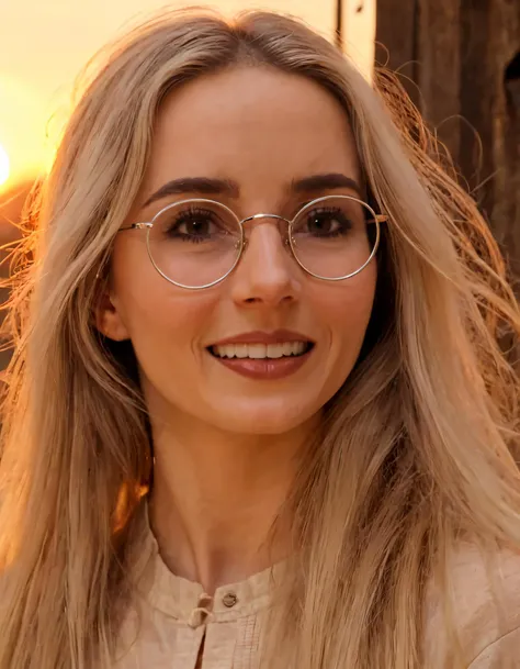 Amidst the rustic backdrop, CSJackie, a one-girl wonder in a striking outfit with her long, blonde hair flowing naturally around her face, stands frozen in an unconventional yet graceful pose while wearing round eyewear. The warm glow of the setting sun casts soft, gentle shadows on her full figure, illuminating her stunning brown eyes which seem to lock into the gaze of the viewer. Her parted lips reveal a hint of a smile as she looks directly at the audience, showcasing the dazzling array of perfectly aligned teeth that adds to her charm and elegance. <lora:sowoow18e69127d02uee:1>