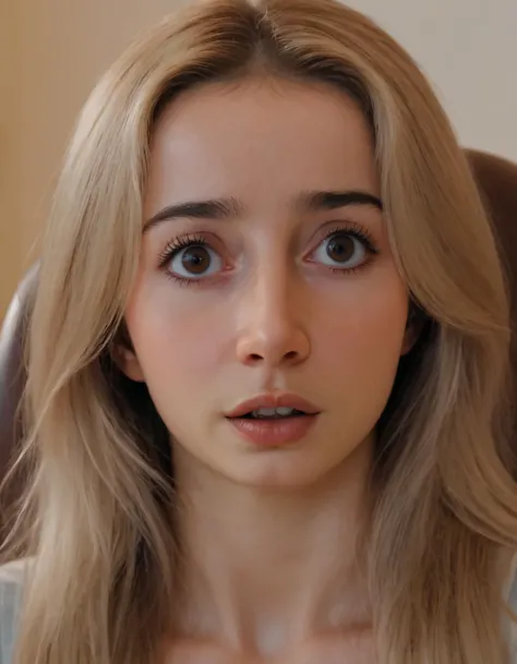 In this scene, Jackie, a CSJackie with an intriguing appearance of having one girl, long golden locks framing her face, sat confidently on a plain chair, gazing directly at the viewer; her parted lips revealing her teeth and closed mouth, complemented by her nose and striking brown eyes, making them appear captivating, while simultaneously contrasting against her other striking feature - two mesmerizing black eyes, as if playing with our imagination. <lora:xvnnxl18e54ae84bfk17f:1>