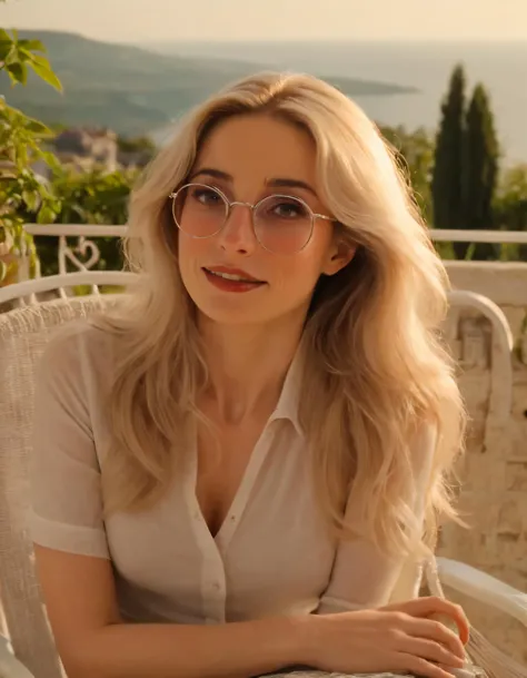 In this vivid scene, the exquisite woman named CSJackie sat gracefully on a well-worn chair in front of a picturesque view, her long, blonde hair gently flowing over her shoulders as the afternoon sun illuminated her round eyewear, while she gazed intently at the observer with her striking brown eyes, their lids parted slightly, revealing her perfectly formed teeth and soft lips, which parted momentarily to reveal a slight smile, as beside her, a vibrant plant proudly stood tall, seemingly in unison with CSJackie's radiance, creating an undeniably realistic portrayal of beauty. <lora:rzilny18e68f66430y89:1>