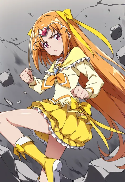 score_9, score_8_up, score_7_up, source_anime BREAK
cure muse \(yellow\), 1girl, solo, magical girl, yellow bow, orange hair, circlet, yellow skirt, hair ribbon, frills, pink eyes, brooch, jewelry, hair bow, eyelashes, serious, arm up, kicking, yellow choker, brown hair, red eyes, long sleeves, yellow ribbon, clenched hand, floating hair, looking at viewer, yellow dress, rock, fighting stance, very long hair, parted lips, miniskirt, leg up, blonde hair, open mouth, cowboy shot, bubble skirt, purple eyes, shiny, bangs, bare legs, anime coloring, frilled skirt, grey background, from side, shiny hair, heart hair ornament, standing, sidelocks, knee boots, clenched hands, debris, indoors, layered skirt, eyebrows visible through hair
<lora:cure_muse_shirabe_ako_sdxl_locon_pony_v1:0.7>