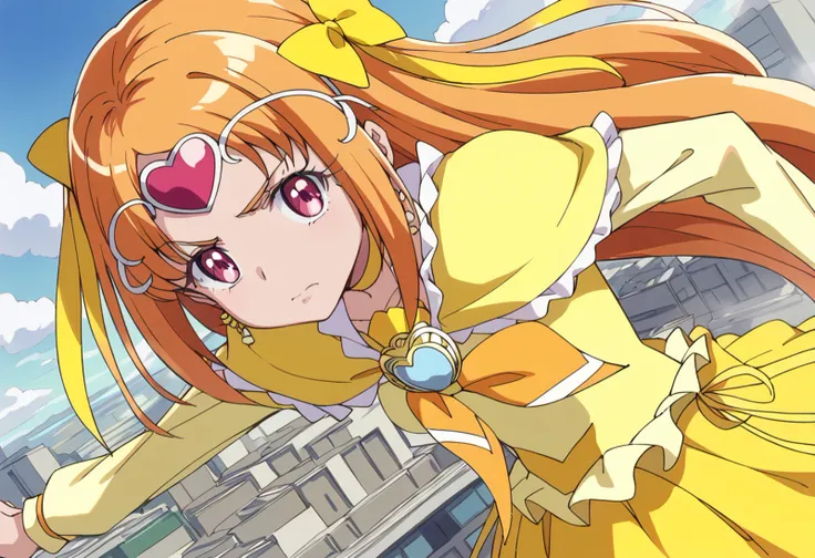 score_9, score_8_up, score_7_up, source_anime BREAK
cure muse \(yellow\), 1girl, solo, yellow bow, long hair, circlet, jewelry, magical girl, orange hair, yellow choker, earrings, brooch, frills, hair ribbon, pink eyes, yellow skirt, looking at viewer, eyelashes, serious, building, outstretched arms, hair bow, spread arms, closed mouth, cloud, yellow ribbon, bubble skirt, yellow neckwear, purple eyes, floating hair, long sleeves, frown, shiny, outdoors, anime coloring, flying, eyebrows visible through hair, smoke, shiny hair, yellow dress, dutch angle, heart earrings, dust cloud, brown hair, bowtie, bangs, city, capelet, hair ornament, red eyes, sky, upper body, wrist cuffs, gathers, from above, expressionless, running, two side up, dust, frilled capelet, yellow shirt, fog, close-up, angry
<lora:cure_muse_shirabe_ako_sdxl_locon_pony_v1:0.7>