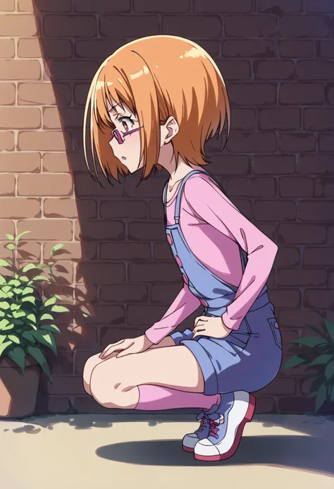 score_9, score_8_up, score_7_up, source_anime BREAK
shirabe ako, 1girl, solo, short hair, overalls, eyelashes, brown eyes, one knee, brown hair, squatting, orange hair, brick wall, socks, profile, pink shirt, long sleeves, under-rim eyewear, from side, pink legwear, full body, open mouth, kneeling, overall shorts, collarbone, parted lips, blonde hair, shiny hair, kneehighs, purple-framed eyewear, pink-framed eyewear, red-framed eyewear, shiny, sneakers, bangs, wall, hand on hip, shorts, white footwear, looking down, purple legwear, pose, shadow, yellow eyes, bob cut, plant, uwabaki, blue footwear, flat chest, outdoors, buttons, suspenders, against wall, bespectacled, blue overalls, serious, on one knee, orange eyes
<lora:cure_muse_shirabe_ako_sdxl_locon_pony_v1:0.7>