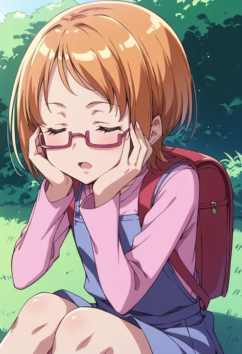 score_9, score_8_up, score_7_up, source_anime BREAK
shirabe ako, 1girl, solo, closed eyes, open mouth, short hair, eyelashes, orange hair, hands on own face, under-rim eyewear, pink-framed eyewear, hands on own cheeks, bush, sitting, brown hair, :o, head rest, purple-framed eyewear, outdoors, skirt, red-framed eyewear, long sleeves, anime coloring, grass, blonde hair, school uniform, blush, plant, day, bag, bangs, overalls, bespectacled, backpack, randoseru, pink shirt
<lora:cure_muse_shirabe_ako_sdxl_locon_pony_v1:0.7>