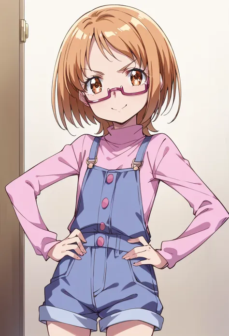 score_9, score_8_up, score_7_up, source_anime BREAK
shirabe ako, 1girl, solo, overalls, short hair, brown eyes, eyelashes, looking at viewer, brown hair, smile, under-rim eyewear, pink-framed eyewear, orange eyes, pink shirt, orange hair, standing, cowboy shot, closed mouth, purple-framed eyewear, v-shaped eyebrows, long sleeves, indoors, red-framed eyewear, clenched hands, hands on hips, long hair, bangs, blonde hair, hand on hip, light brown hair, holding, flat chest, buttons, turtleneck, shorts, medium hair, eyebrows visible through hair, door, short jumpsuit, light smile, hands on own hips
<lora:cure_muse_shirabe_ako_sdxl_locon_pony_v1:0.7>