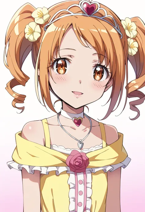 score_9, score_8_up, score_7_up, source_anime BREAK
shirabe ako, 1girl, solo, twintails, brown eyes, short hair, brown hair, tiara, eyelashes, blush, collarbone, upper body, orange hair, open mouth, hair flower, pink background, bare shoulders, circlet, drill hair, jewelry, sidelocks, pink flower, looking at viewer, pink rose, shiny, orange eyes, :o, shiny hair, short twintails, white background, heart hair ornament, yellow flower, frills, yellow choker, simple background, white choker, eyebrows visible through hair, sleeveless, long hair, ribbon, bangs, gradient background, off shoulder, diadem, parted lips, flat chest, necklace, yellow dress, twin drills, red flower, anime coloring, tied hair, smile
<lora:cure_muse_shirabe_ako_sdxl_locon_pony_v1:0.7>