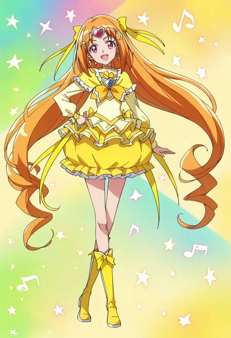 score_9, score_8_up, score_7_up, source_anime BREAK
cure muse \(yellow\), 1girl, solo, yellow bow, magical girl, bubble skirt, knee boots, yellow choker, frills, orange hair, circlet, musical note, smile, yellow skirt, brooch, jewelry, full body, hair ribbon, beamed eighth notes, very long hair, yellow theme, eighth note, hair bow, pink eyes, star \(symbol\), hand on hip, twintails, open mouth, green background, quarter note, treble clef, :d, red eyes, beamed sixteenth notes, eyelashes, sharp sign, flat sign, watson cross, brown hair, frilled skirt, standing, crossed legs, purple eyes, happy, gradient background, layered skirt, sixteenth note, gathers, looking at viewer, yellow background, yellow ribbon, starry background, earrings, bass clef, multicolored background, wrist cuffs, rainbow background, quarter rest, hair ornament, tiara, yellow dress, puffy sleeves, bowtie, yellow neckwear, long sleeves, frilled sleeves, eighth rest, gloves, yellow legwear, yellow footwear, hand on own hip
<lora:cure_muse_shirabe_ako_sdxl_locon_pony_v1:0.7>