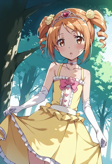 score_9, score_8_up, score_7_up, source_anime BREAK
shirabe ako, 1girl, solo, twintails, brown eyes, short hair, tiara, orange hair, brown hair, eyelashes, blush, orange eyes, yellow dress, short twintails, looking at viewer, open mouth, drill hair, skirt hold, dutch angle, pink rose, white gloves, jewelry, hair flower, choker, necklace, yellow flower, pink flower, magical girl, outdoors, elbow gloves, against tree, frills, heart hair ornament, day, circlet, yellow rose, flat chest, collarbone, clothes lift, twin drills, ribbon, sunlight, long hair, gown, dappled sunlight, bare shoulders, under tree, sleeveless dress, princess, standing, pink bow, tree shade, curtsey, waist bow, two side up
<lora:cure_muse_shirabe_ako_sdxl_locon_pony_v1:0.7>