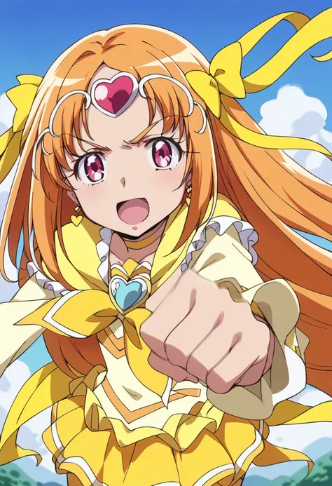 score_9, score_8_up, score_7_up, source_anime BREAK
cure muse \(yellow\), 1girl, solo, long hair, yellow bow, orange hair, circlet, magical girl, punching, open mouth, jewelry, brooch, yellow choker, pink eyes, hair ribbon, frills, eyelashes, hair bow, earrings, incoming punch, clenched hand, incoming attack, clenched hands, cloud, motion blur, looking at viewer, motion lines, day, upper body, purple eyes, bowtie, brown hair, yellow neckwear, yellow ribbon, blue sky, shirt, close-up, heart hair ornament, depth of field, speed lines, foreshortening, anime coloring, :o, face, angry, shiny, serious, yellow hairband, bangs, eyebrows visible through hair, red eyes, smile, wrist cuffs, shiny hair, heart earrings, blurry background, gem, gathers, outdoors, portrait, bubble skirt, long sleeves
<lora:cure_muse_shirabe_ako_sdxl_locon_pony_v1:0.7>