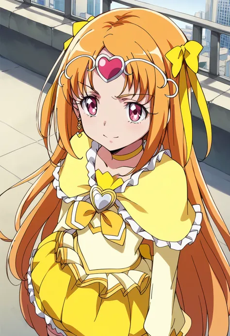 score_9, score_8_up, score_7_up, source_anime BREAK
cure muse \(yellow\), 1girl, solo, yellow bow, jewelry, yellow choker, orange hair, magical girl, earrings, circlet, yellow skirt, frills, looking at viewer, hair bow, brooch, pink eyes, hair ribbon, eyelashes, from above, bubble skirt, purple eyes, closed mouth, looking up, collarbone, heart earrings, yellow neckwear, yellow dress, smile, very long hair, frown, red eyes, capelet, long sleeves, yellow ribbon, standing, dutch angle, shirt, hair ornament, shiny, cowboy shot, eyebrows visible through hair, brown hair, anime coloring, bangs, thighhighs, shiny hair, city, frilled skirt, layered skirt, upper body
<lora:cure_muse_shirabe_ako_sdxl_locon_pony_v1:0.7>