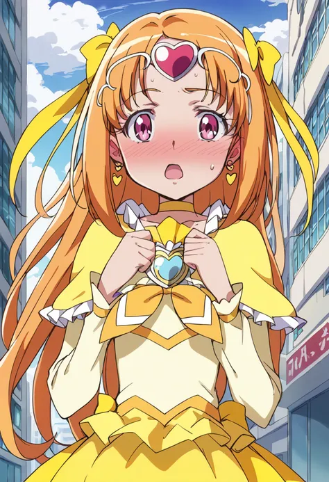 score_9, score_8_up, score_7_up, source_anime BREAK
cure muse \(yellow\), 1girl, solo, open mouth, magical girl, pink eyes, close-up, blush, face, blonde hair, long hair, orange hair, eyelashes, looking at viewer, jewelry, purple eyes, tiara, circlet, clenched hands, hands on own chest, hair ornament, gem, eyebrows visible through hair, portrait, anime coloring, bangs, :o, surprised, embarrassed, 
full-face blush, sweat, yellow bow, yellow choker, brooch, frills, hair ribbon, yellow skirt, building, hair bow, cloud, yellow ribbon, bubble skirt, yellow neckwear, long sleeves, outdoors, shiny hair, yellow dress, heart earrings, city, sky, upper body, wrist cuffs, dust, frilled capelet, yellow shirt
<lora:cure_muse_shirabe_ako_sdxl_locon_pony_v1:0.7>