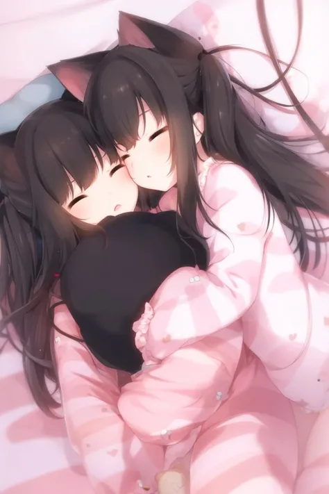 nachonekos, multiple girls, 2girls, animal ears, black hair, closed eyes, sleeping, cat ears, stuffed toy, object hug, pillow, stuffed animal, striped, pajamas, under covers, long hair, long sleeves, bangs,