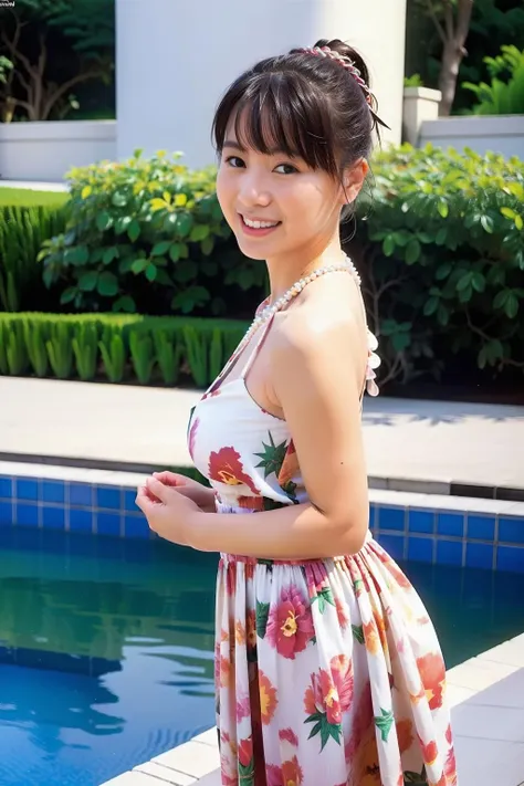 ((top-quality、8K分辨率、Master masterpiece、Portrait:1.3)), Photorealsitic, tissue, 35㎜ film,(Cowboy Shot), 1 Japan Woman_Middle-aged woman_49 years old, bob cuts, (tiarra_Wedding Veils)、Pearl Necklace、Wrinkles at the corners of the eyes, Plump body, blush、Seductive smile、naughty expression、See-through bride costume、See-through white micro mini panties、Garter belt stockings, (standing nipple:1.5) ,((Underwear))、Flower garden in full bloom、The fountain、plein air、during the day、toppless