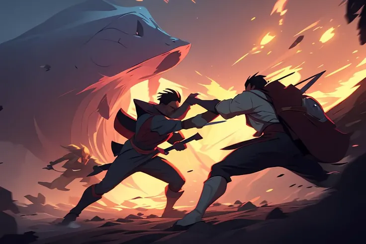 <lora:fight_scene:0.8> fight scene 2 boys fighting, dust, smoke, weapon, katana, holding weapon, dynamic pose, motion blur, emphasis line, sparks, plasma, aura, Axe, KatanaOneHand, <lora:UnlimitedBladeWorks1.6:0.8>