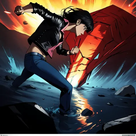 two people, Marvel's Jessica Jones private investigator, long black hair, tough pose, leather jacket, jeans, fight scene, punching in location: submerged volcano <lora:fight_scene-09:1>, combat stance, (Masterpiece:1.3) (best quality:1.2) (high quality:1.1)
