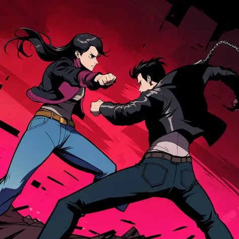 two people, Marvel's Jessica Jones private investigator, long black hair, tough pose, leather jacket, jeans, fight scene, punching in location: cathedral <lora:fight_scene-09:1>, combat stance, (Masterpiece:1.3) (best quality:1.2) (high quality:1.1)