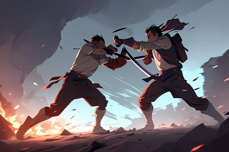 <lora:fight_scene:0.8> fight scene 2 boys fighting, dust, smoke, weapon, katana, holding weapon, dynamic pose, motion blur, emphasis line, sparks, plasma, aura, Axe, KatanaOneHand, <lora:UnlimitedBladeWorks1.6:0.8>