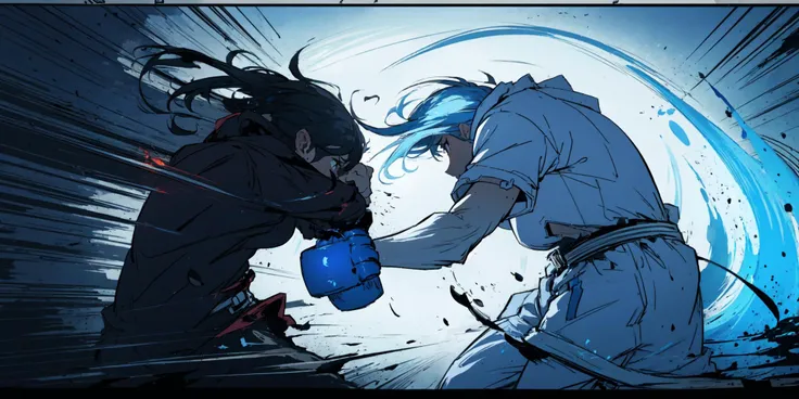 masterpiece,best quality,Heavy fists, powerful explosive power, dynamic lines,uppercuts,Rough action lines,ferocious expression,
(dark theme,blue theme,dark blue flame:1.4),(flame,:1.3),
perfect girl,flames attached to the body, glowing amber eyes,perfect detailed lighting,messy hair,(punch:1.5), (The screen shattering effect appears where the fist strikes:1.5) <lora:fight_scene:1> fight scene