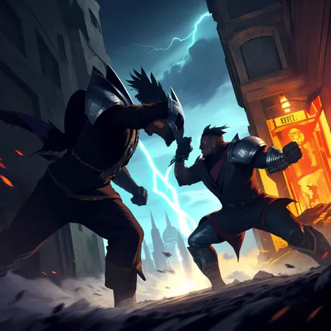 two people, Marvel's Odin old man god, eyepatch on one eye and other eye normal, big white beard, metallic dark shiny armor. Raven pet animal. Lightning magic, fight scene, punching in location: sky city <lora:fight_scene-09:1>, combat stance, (Masterpiece:1.3) (best quality:1.2) (high quality:1.1)