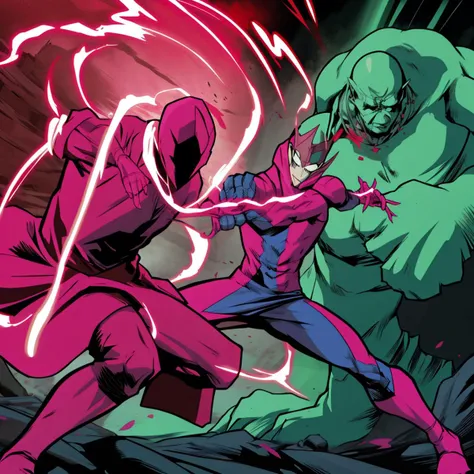 two people, Marvel's <lora:scarlet:1> Scarlet Witch, scarlet colored Face covering mask casting pink scarlet magical spell, energy in air,  fight scene, punching in location: mossy temple <lora:fight_scene-09:1>, combat stance, (Masterpiece:1.3) (best quality:1.2) (high quality:1.1)