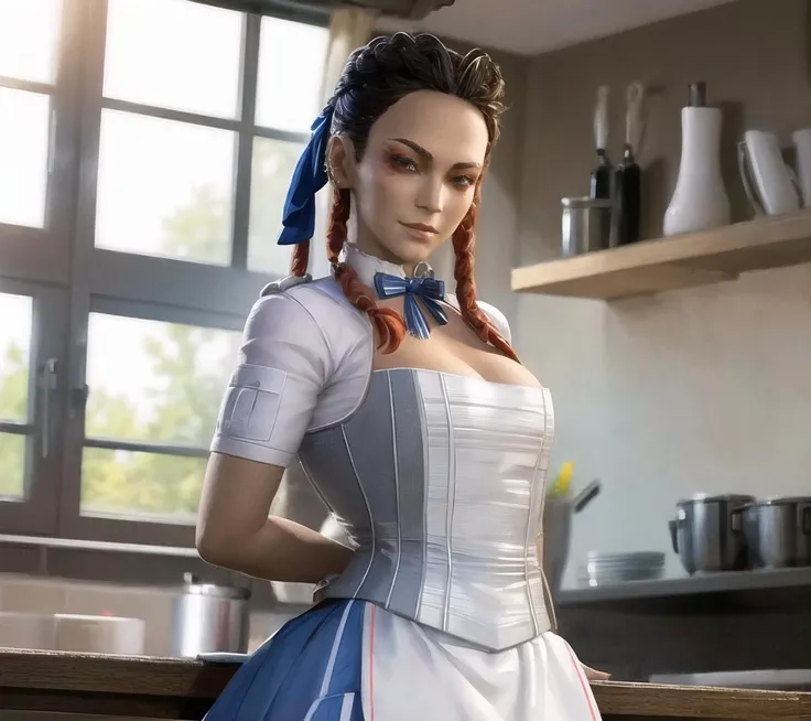 <lora:LobaAL:0.8>, waitress, white shirt, blue skirt, blue ribbon, white apron, waist_apron, short_sleeves, portrait