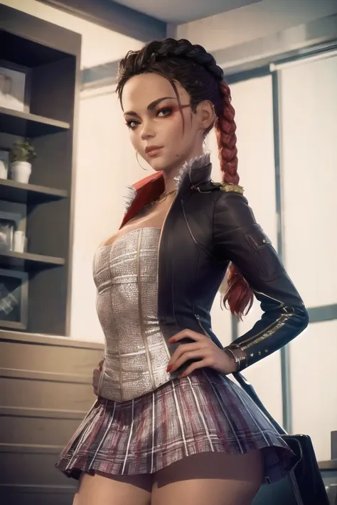 <lora:LobaAL:0.8>, masterpiece, best quality, 1girl, food, solo, skirt, shop, indoors, jacket, shopping, shirt, shelf, plaid skirt, black jacket, looking at viewer, standing,