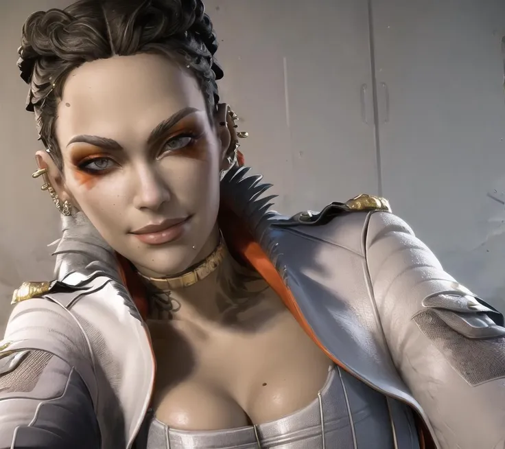 <lora:LobaAL:0.85>, looking_at_viewer, smile, cleavage, jewelry, jacket, upper_body, earrings, grey_background, mole, bracelet, piercing, white_jacket, ear_piercing, grey_jacket, straight-on, gold_choker