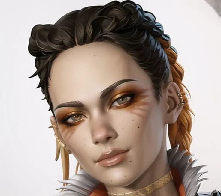 <lora:LobaAL:0.85>, looking_at_viewer, jewelry, jacket, earrings, choker, mole, streaked_hair, piercing, white_jacket, black_background, portrait, freckles, eyebrow_cut, gold_choker,