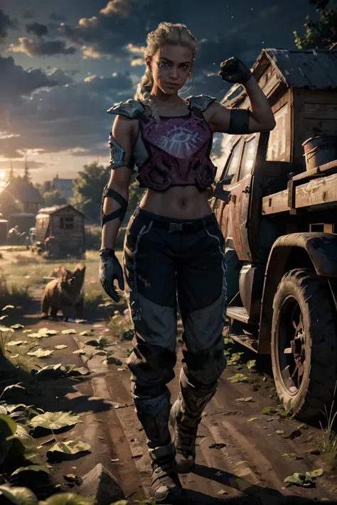 LouFar, dark skin, blonde hair, gloves, pants, boots, midriff, knee pads, looking at viewer, angry, evil grin, full body shot,
standing, arms raised, flexing arms, outside, swamp, shack, dusk, twilight sky, extreme detail, hdr, realistic quality, depth of field,<lora:LouFar:.7>