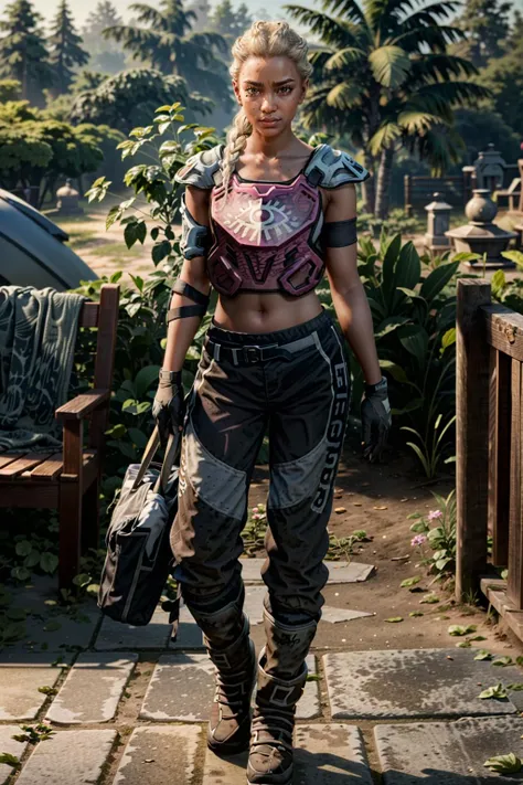 RochelleLeft, weapon, sword, jewelry, solo, dark skin, earrings, fence, 1girl, realistic, katana, dark-skinned female, chain-link fence, black hair, bracelet, short hair, very dark skin, brown eyes, holding weapon, over shoulder, shirt, holding, weapon over shoulder, holding sword, hoop earrings, pink shirt
<lora:epi_noiseoffset2:1>, <lora:RochelleLeft:0.7>