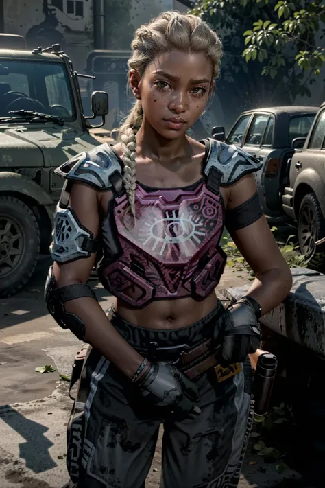 (masterpiece, best quality)
1girl, LouFar, dark skin, blonde hair, solo, braid, armor, long hair, dark-skinned female, single braid, mole, midriff, upper body, crop top, brown eyes, collarbone, mole under eye, looking at viewer
<lora:epi_noiseoffset2:1>, <lora:add_detail:0.5>, <lora:LouFar:0.8>