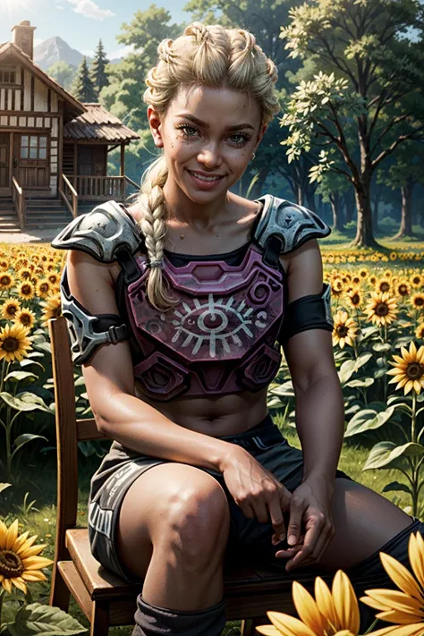 ((masterpiece, best quality))
<lora:add_detail:0.8>
 <lora:FarCryNewLou:0.8>
FarCryNewLou, 1girl, solo, blonde hair, sitting in a sunflower field, smiling, sunlight
