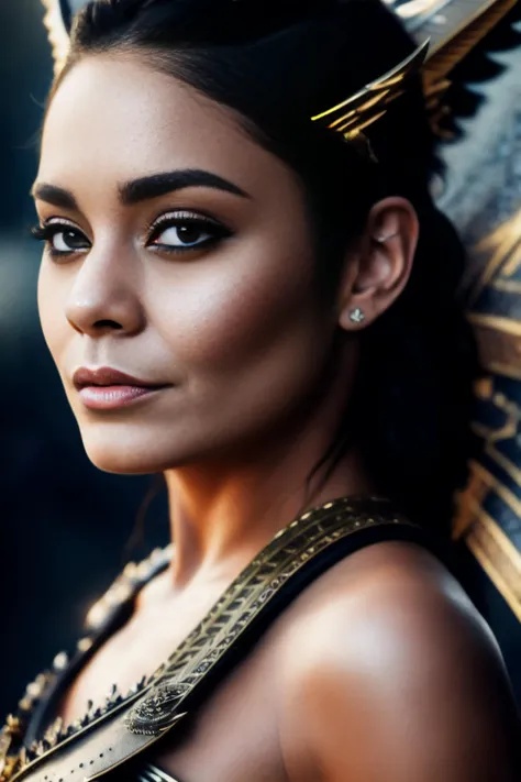 a full body photo of vhudgens1 with a manic look on her face dressed as a valkyrie, (upper body), (valkyrie outfit:1.3) in front of battle zone, (gray landscape), detailed skin texture, (blush:0.5), (goosebumps:0.5), subsurface scattering, ultra hd, 4k, high def, realistic, Photorealistic, Hyperrealistic, Hyperdetailed, analog style, detailed skin, matte skin, soft lighting, subsurface scattering, realistic, heavy shadow, masterpiece, best quality, ultra realistic, 8k, golden ratio, Intricate, High Detail, film photography, soft focus