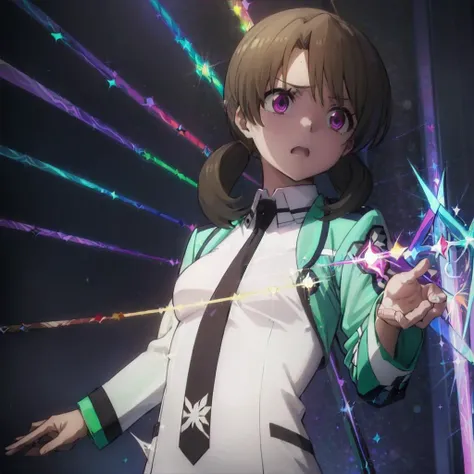 <lora:lambda:0.4>, best quality, ultra fine, solo, very detailed background, BREAK, upper body, <lora:honoka-mahouka:1.0> , (honoka mitsui:0.8), (school uniform, jacket, necktie:1.2), (angry:1.2), magic battle, (casting spell, reaching hand:1.5), (standing:1.2), BREAK, (dark background:1.5), (multicolored light ray magical effects:1.8), ray effect, rays of light, energy beam, <lora:Silicon-landscape-isolation:1>