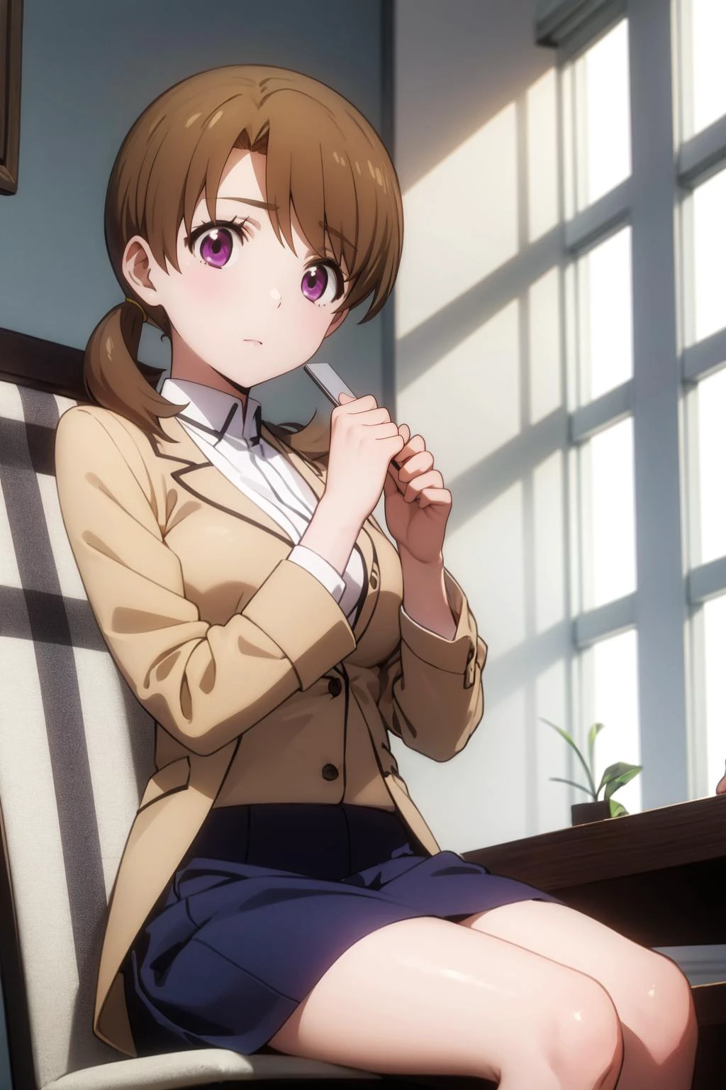 masterpiece, best quality, editorial, sitting with hands around her ankles, <lora:honoka-mahouka-01:.8> honoka mitsui,