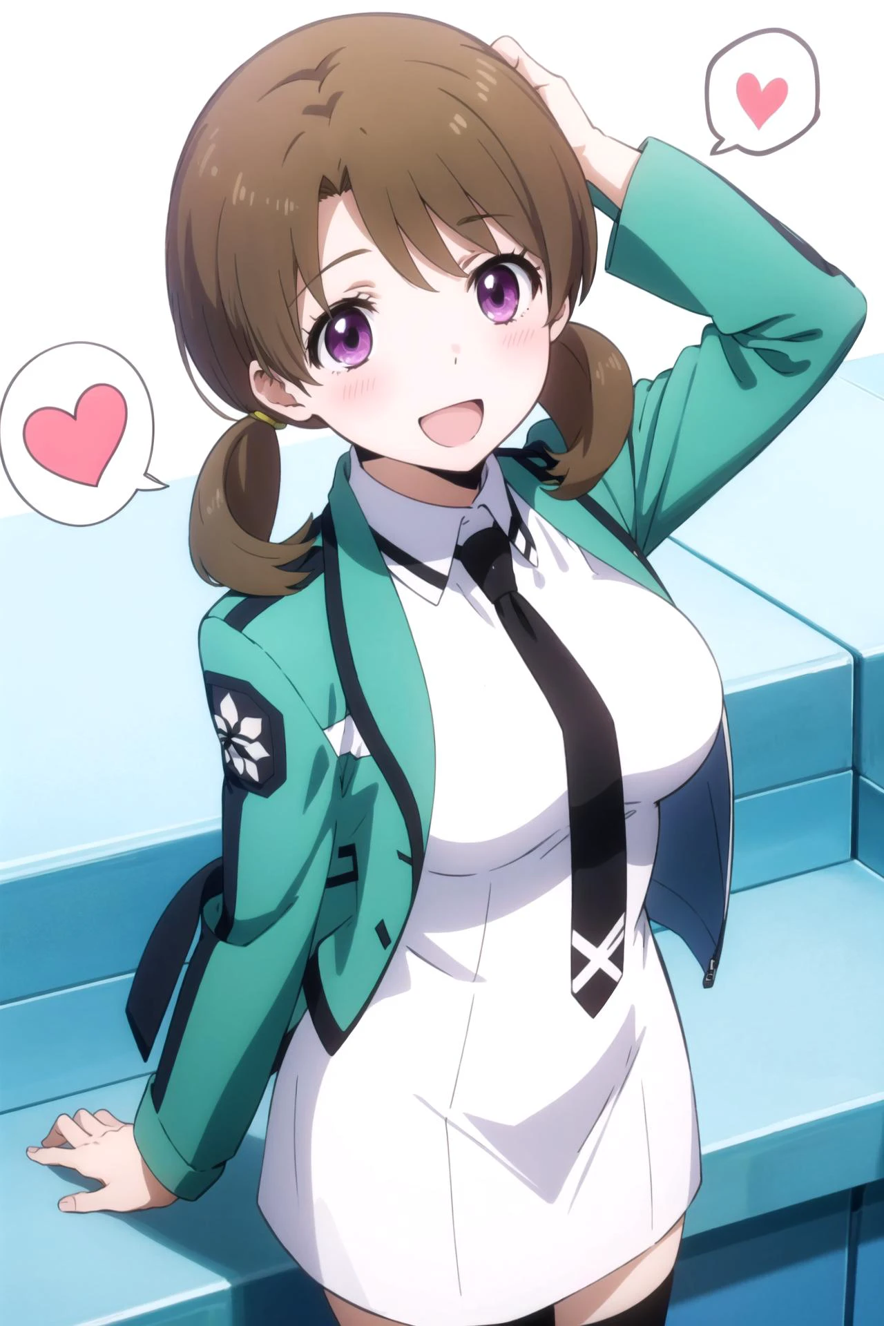 1girl, solo, masterpiece, best quality,
<lora:honoka-mahouka:0.8>,
mahouka koukou no rettousei, mitsui honoka, honoka mitsui, purple eyes, brown hair, medium hair, twintails, low twintails, swept bangs, first high school uniform, dress, white dress, collared dress, pencil dress, necktie, black necktie, short necktie, jacket, green jacket, cropped jacket, open jacket, long sleeves, large breasts, thighhighs, black thighhighs, breasts,
cowboy shot, leaning forward, v arms, from above, looking up, looking at viewer,
blush, smile, :d, open mouth,
simple background, white background, heart background, heart, spoken heart