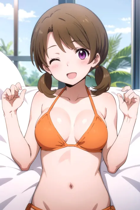 miyoshi kaya, light brown hair, high ponytail, huge breasts, orange eyes, parted bangs, forehead,
, 1girl,solo,looking at viewer,smile ,bikini,my room