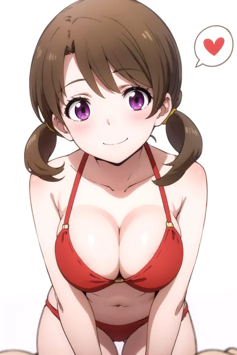 1girl, solo, masterpiece, best quality,
      <lora:honoka-mahouka:0.8>,
        mahouka koukou no rettousei, mitsui honoka, honoka mitsui, purple eyes, brown hair, medium hair, twintails, low twintails, swept bangs, bikini, skindentation, collarbone, bare arms, cleavage, (red bikini:1.2), large breasts, navel, thigh gap, bare legs, barefoot, hanging breasts,
        all fours, looking at viewer, breasts,
        blush, naughty face, smile, half-closed eyes,
        simple background, white background, heart background, heart, spoken heart